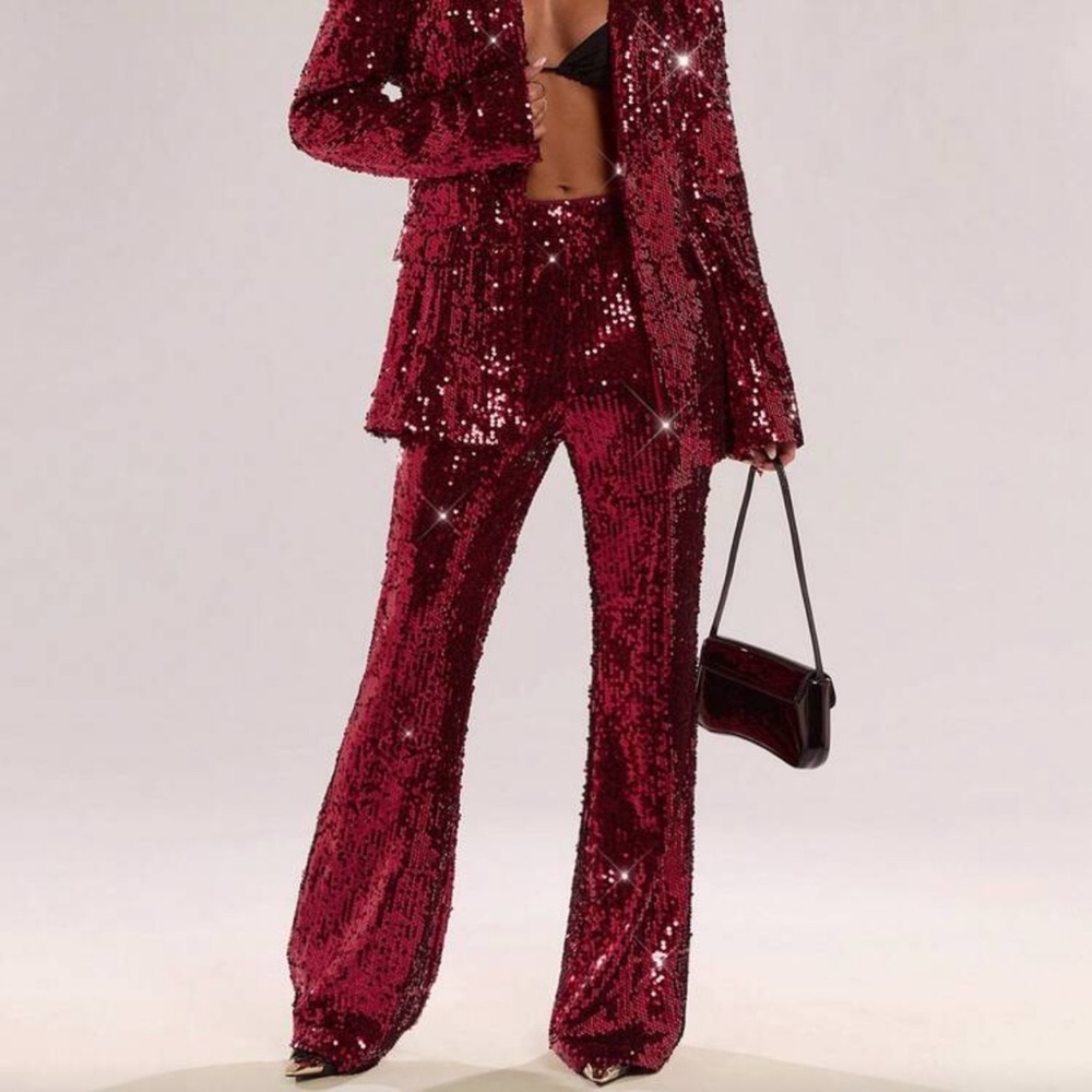 Women's Solid Red Sequin Flared Pants For Fall/Winter Perfect For Parties,